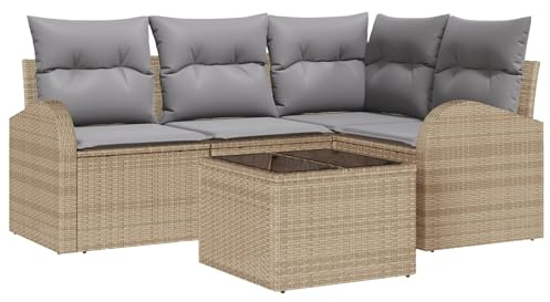 vidaXL Garten-Sofa-Set mit Kissen 5 pcs Beige und Hellgrau Poly Rattan, Garten und Terrasse, rechteckig, modern, verstellbare Füße, langlebig, UV-beständige Materialien, Sitzgruppe für draußen