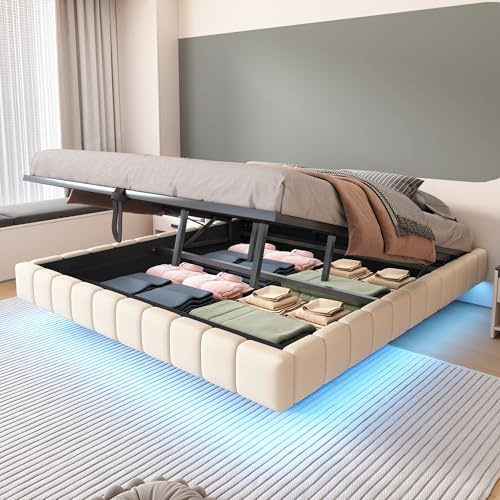 TOBIDOEN Bett 180x200 mit Stauraum, Multifunktionales Polsterbett mit Bettkasten und Schwebebettrahmen, einfacher Boxbett Jugendbett ohne Kopfteil, Leinen, Beige