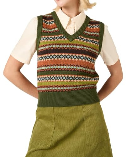 Yoisdtxc Women Ribbed Knit Sweater Vest Cherry Fish Pattern Sleeveless Crew Neck Loose Fit Pullover Tank Tops for Fall Winter (E-Khaki, L)