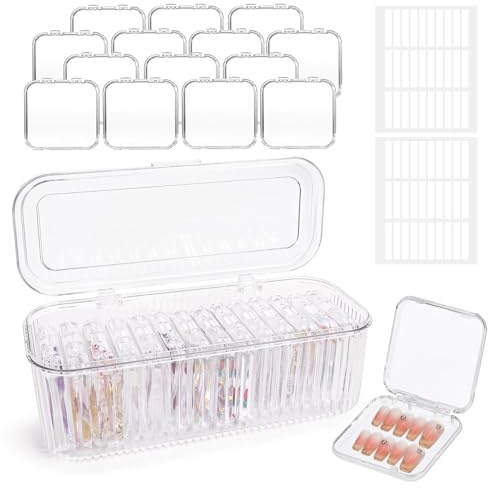 Inmorven Press On Nail Orgnizer 14 PCS Clear Press On Nail Storage Boxes and 1 Big Storage box with 60 Pcs Adhesive Double Sided Tape,for Fake Nail Storage Display Salon