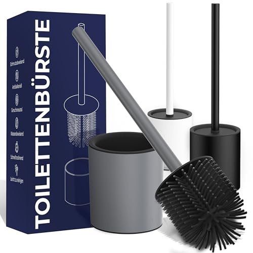 BLUEBRICKS® Klobürste Silikon anthrazit mit Edelstahl Griff & Halter - Antibakterielle Design Toilettenbürste mit WC Bürstenhalter - geruchsneutral - WC Bürste Silikon mit Spritzschutz