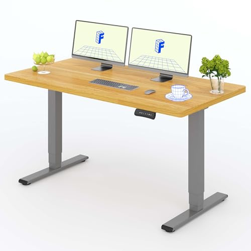 FLEXISPOT Höhenverstellbarer Schreibtisch mit 25 mm einteiliger Tischplatte, Elektrischer Schreibtisch mit Dual-Motor, 3-Fach Teleskop, 160 kg Tragkraft (140x80cm, grau+ahorn)