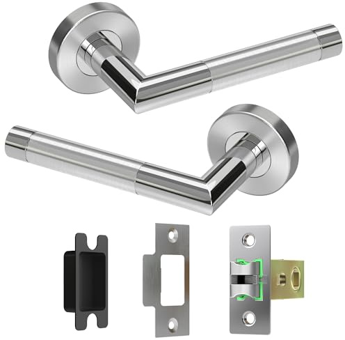 DIYGEEK Chrome Internal Door Handles with 45mm Latch | Silver Door Handles Set, Round T-Bar Lever Interior for Living Room & Bedroom on 52mm Rose Cover