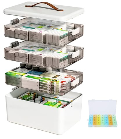 Grande boîte de rangement à 4 étages, 34 x 31 x 22 cm, boîte à pharmacie avec poignée de transport, organisateur de médicaments avec plateau amovible, boîte de premiers secours vide en plastique pour