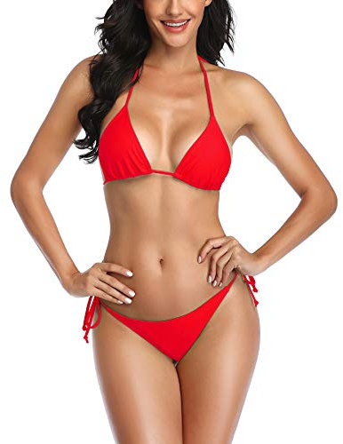 SHERRYLO 10 Solid Color Women's Thong Tanga Bikini Set String Swimsuit for S-XL Body (Red)