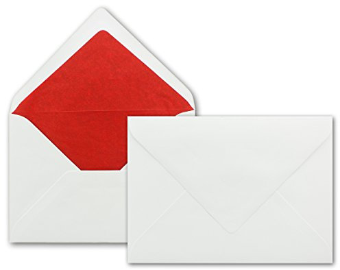 100 x Briefumschläge in weiss mit rotem Seidenfutter, DIN B6 12,5 x 17,6 cm, Nassklebung ohne Fenster - Ideal für Hochzeits-Einladungen Grußkarten Weihnachtskarten