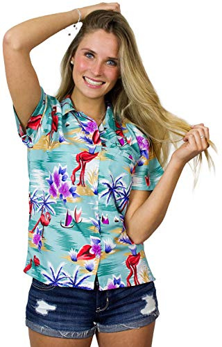 King Kameha Funky Hawaii-Bluse-Hemd, Damen, Kurzarm, Flamingos, Mint-Grün, 6XL