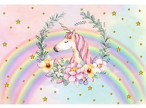 YongFoto 2,2x1,5m Vinilo Fondo de Fotografia Cute Unicorn Head Rainbow Feliz Cumpleaños Telón de Fondo Fiesta Niños Boby Boda Adulto Retrato Personal Estudio Fotográfico Accesorios