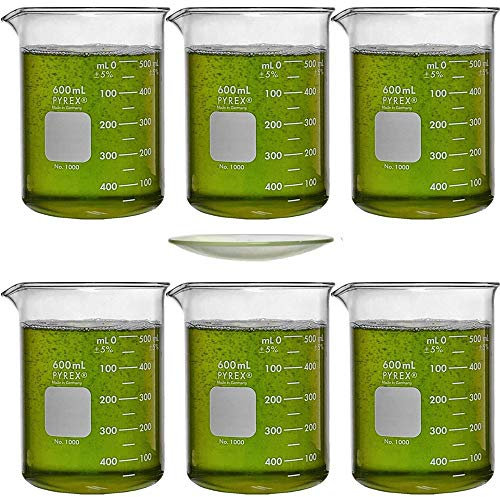 Corning Pyrex 1000-600, 600ml Low Form Griffin Beaker with Pyrex 9985-100, 100mm Pyrex Watch Glass (Pack of 6)