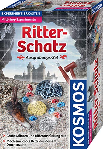 KOSMOS Ritter-Schatz Ausgrabungs-Set, Für Mittelalter-Fans und kleine Archäologen. Mit Drachenzahn, Metall-Münzen, Medaillon, Spielsteine, Experimentierset mit Hammer und Meißel, Für Kinder ab 7