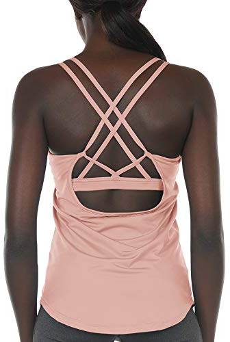 icyzone Damen Sport Yoga Tank Top mit Integriertem BH - 2 in 1 Sport Oberteile Fitness Gym Shirts (S, Blasses Erröten)