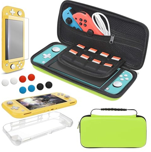 4-in-1 Switch Lite Carrying Case Bundle with Cover, Protector, Thumb Grips | Green Accessories Bundle for Nintendo Switch Lite, YUANHOT Carry Case, TPU Protective Case, Screen Protector, Thumb Grip Caps