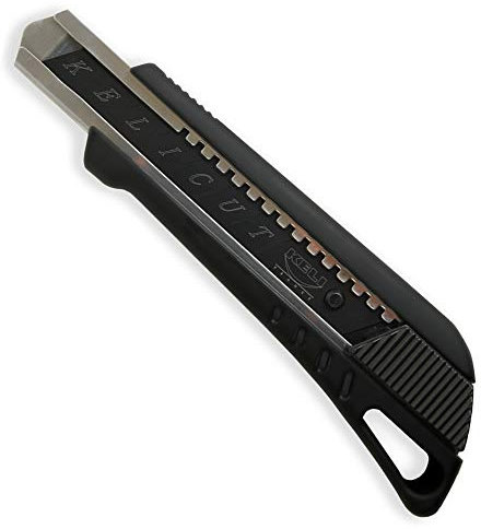 KELI - Cutter Pro avec Réservoir + LAME BLACK BLADE SK2 (Durée de vie 3 fois supérieure) (18mm + 2 LAMES BLACK BLADE SK2, Noir Gomme SOFT TOUCH)