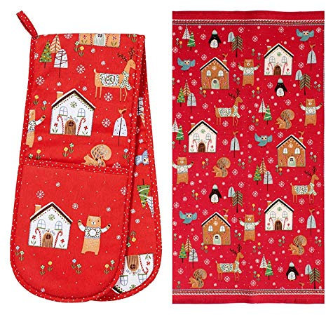 2 PCE Ulster Weavers Christmas Festive Friends Reindeer Penguin Bear Hen Squirrel 100% Cotton Red Tea Towel & Double Oven Gloves