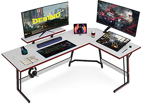 DESINO Eckschreibtisch Gaming 150 x 120 cm, Ergonomic Gamer Schreibtisch l Form, Groß Pc Ecktisch Computertisch Mit Monitorständer, Stabil Metall-Beine Eck Tisch, Weiß