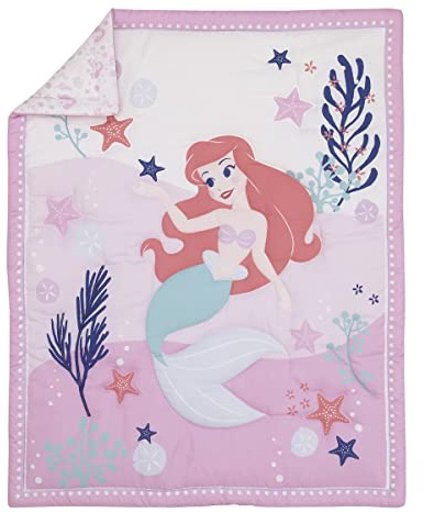 Disney The Little Mermaid Ariel Cute by Nature White & Pink Star Fish & Coral Reef 3Piece Nursery Mini Crib Bedding Set - Comforter & Two Fitted Mini Crib Sheets, Pink, Aqua, Lavender, White