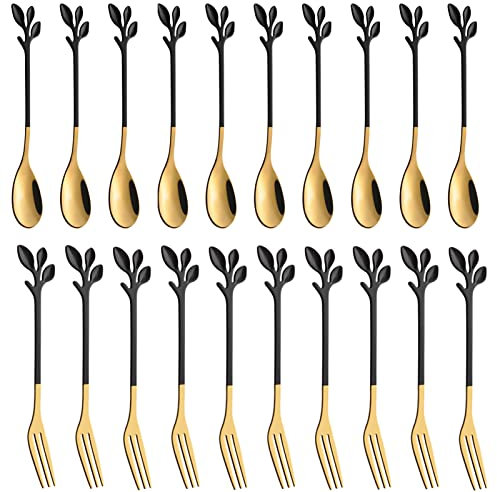 AnSaw Kuchengabeln, 11,9 cm, 10 Stück Dessertlöffel, kreatives schwarzes Blatt, aus hochwertigem Edelstahl in Lebensmittelqualität, spiegelnd, spülmaschinenfest (schwarz, 20)