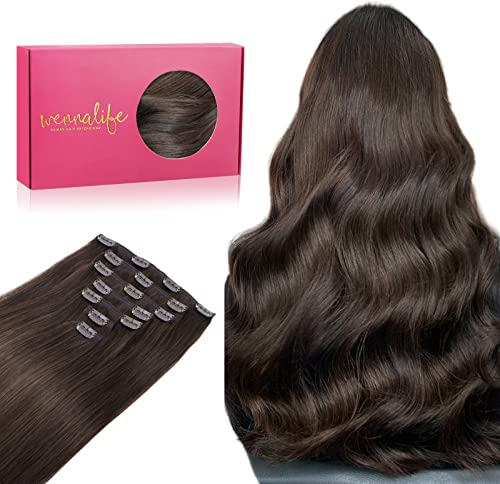 WENNALIFE Clip in Extensions Echthaar, 55cm 22 Zoll 120g 7pcs Helles Dunkel Braun Hair Extensions Clip in Echthaar Remy Clip in Haarverlängerung Natürliche Echthaar Extensions