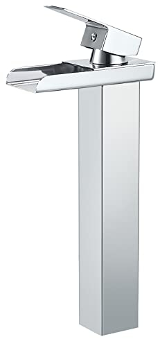 SINKTORY Robinet Salle de Bain Cascade Chromé, Moderne Mitigeur Lavabo Cascade Haut, Robinet Lavabo avec bec Hauteur, Mitigeur Vasque à Poser en Laiton, Eau Froide & Chaude Disponible, G 3/8