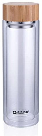 Botella de vidrio borosilicato de doble pared de 450 ml con tapa de acero inoxidable y madera