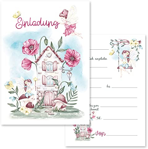 10x Kinder Einladungskarten Einladung Kindergeburtstag Mädchen Fee Feen Geburtstag blau beige rosa Pastell Aquarell 10x15 cm Party Kinder 1 2 3 4 5 6 7 8 9 10 11 12 13 Fairy Fairytale