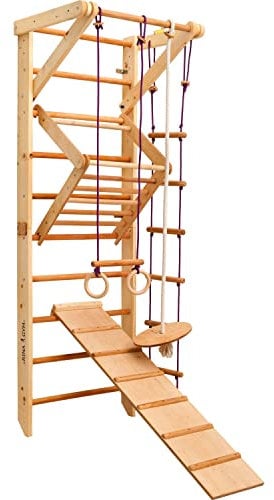 Generic Kletterwand für Kinder-Indoor Klettergerüst aus Holz-Wand-Reck, Stange, Gymnastik-Ringe, Kletterseil, Abnehmbarer Balken, schwedische Leiter, Rutsche