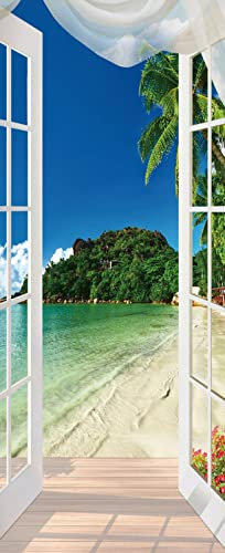 A.Monamour Sticker Porte Autocollant Poster De Porte 3D Vue Sur La Mer Par La Fenêtre Ouverte Vinyle Affiche De Porte Sticker Mural Papier Peint Art Décor 85x215cm