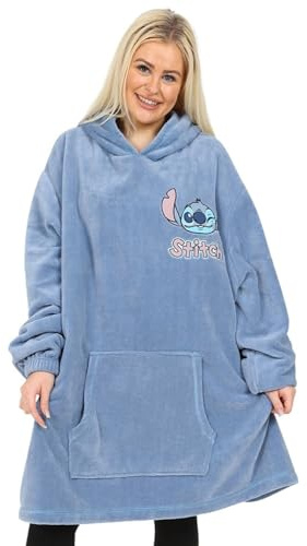 Disney Lilo and Stitch Womens Blue Luxury Hoodie, Ladies Oversized Fleece Blanket Hoody