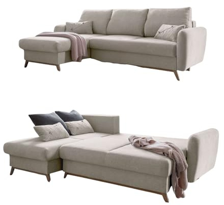 MIUFORM Scandic Lagom S mit Bettkasten | 4 Sitzer Ecksofa | L-Form Links | 235 x 157 x 90cm Couch | Klappsofa mit Schlaffunktion | Schlafsofa klappbar (Beige)