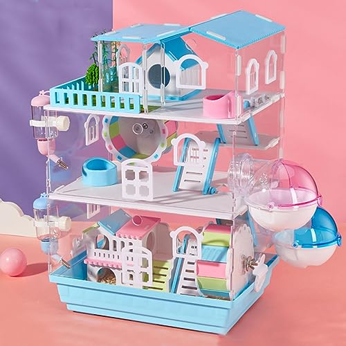 Rattenkäfig mit Zubehör, PS/ABS-Material, Belüftungsdesign, Tablettdesign, Leicht zu Reinigen, Hamstervilla mit Wasserkocher, Schüssel, Badezimmer, Villa, und Bunte Bogenbrücke ( Color : Blue , Size :