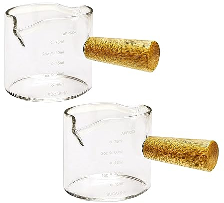 Iegefirm 2 Pièces Verres à Shot à à Double Bec Verre à Mesurer Tasses à Ustensiles de Cuisine avec Manche en Bois pour Café au Lait, 75 ML Bois Marron