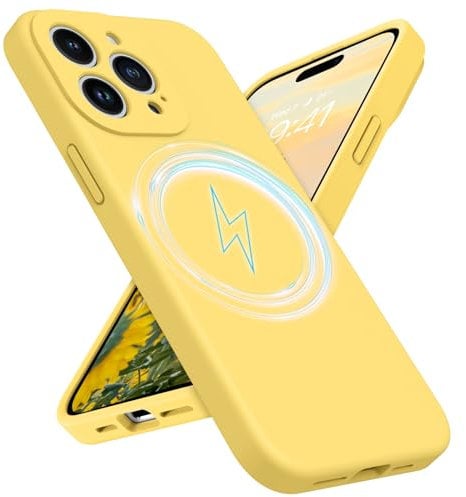 GUAGUA for iPhone 15 Pro Max Silicone Case, Compatible with Magsafe Soft Gel Rubber Slim Microfiber Lining Cushion Texture Cover Shockproof Protective Phone Case for iPhone 15 Pro Max 6.7, Yellow