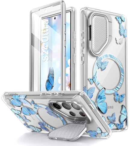 i-Blason [Cosmo Coque pour Samsung Galaxy S24 Ultra 5G (2024), avec Support Pliable Couvercle Caméra, Protection Fine Intégrale Design Motif avec Protecteur d'écran (Papillon Bleu)