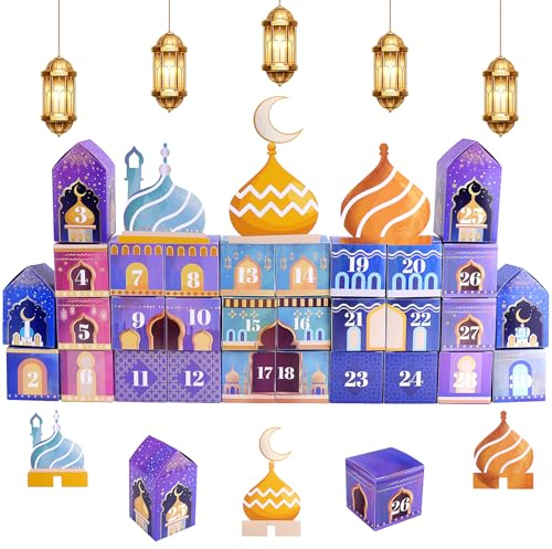 Ramadan Kalender zum Befüllen Kinder, Homgaty 30 Häuser Ramadankalender zum Basteln und Dekoration, Geschenktüten Bunte Boxen Ramazan Tüten Faltschachteln - Eid Mubarak - Wiederverwendbar