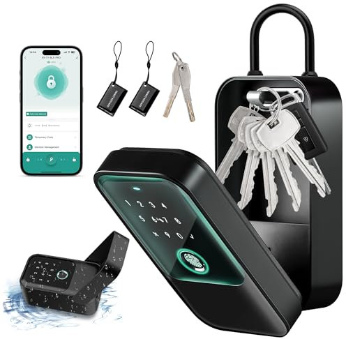 Moquin Smart Lock Box for House Keys, Fingerprint Lockbox Bluetooth Key Box with 5 Unlock Ways Fingerprint, App Control, Access Card, Passcodes, Manual Key for Airbnb & Home & Office & Garage
