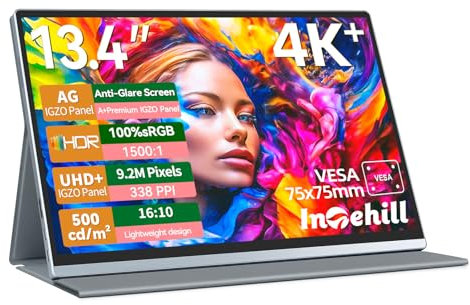 Intehill Portable Monitor 4k,Anti-Glare 13.4 3840 * 2400 IGZO Screen, 4K Portable Travel Monitor, 1500:1,500 Nits Screen,HDR,sRGB 100%,Built-In Speakers,Dual USB-C,HDMI For Laptop Mac Phone PS5