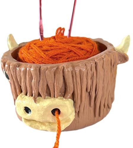 Yarn Knitting Bowl, Handmade Yarn Storage Round Woven Bowl, Crochet Storage Highland Cow Yarn Holder - Handmade Ball Bowl Holder Made of Yarn and Wool for Knitting Enthusiasts