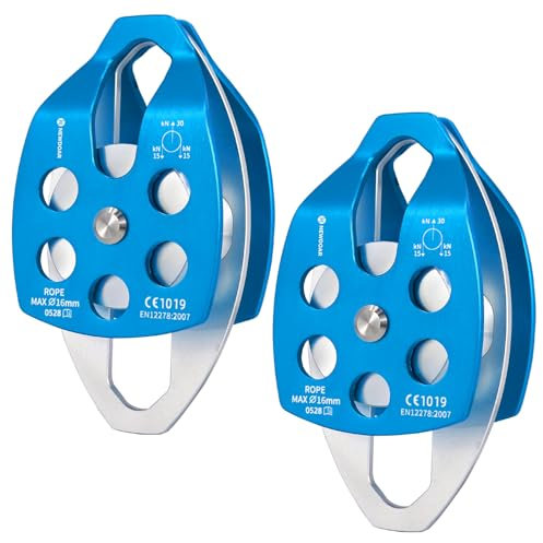 NewDoar CE Certified Large Rescue Pulley 30KN Double Pulley Single/Double Sheave with Swing Plate for Rescue Hauling Arborist Tree Climbing(Double Pulley - Blue 2pcs)