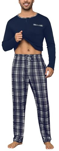 Litherday Pyjama Homme Hiver Pyjama Homme Coton à Ensembles de Pyjama Manches Longues Vêtements De Nuit pour Hommes Deux Pièces Pantalon et Haut à Carreaux Bleu L