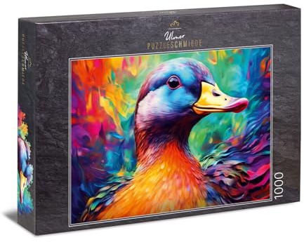 Ulmer Puzzleschmiede - 1000 Teile Enten-Puzzle Quack - Schillerndes Portrait der Ente vor abstraktem Hintergrund - Vogel-Puzzle mit Qualität Made in Germany
