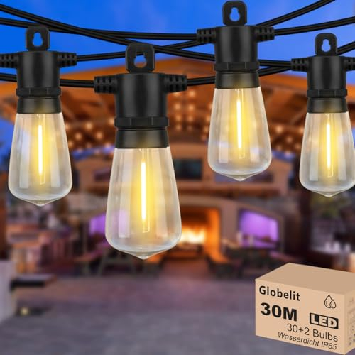 GLOBELIT 30M LED Lichterkette Außen, Outdoor Lichterkette Strom mit 30+2 ST38 Lichterkette Glühbirnen Außen IP65 Wetterfest,100FT Lichterkette Außen 2700K Warmweiß für Patio Hochzeit Veranda