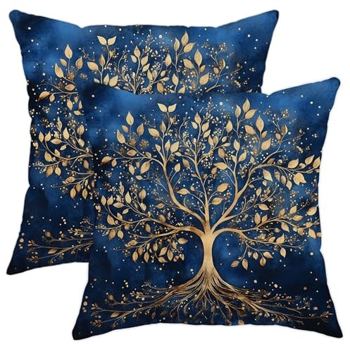 Tree of Life Pillow Covers Set of 2, Navy Blue Decorative Throw Pillows Case, Autumn Home Decor Cushion Covers for Sofa Bed Couch, Stylish Golden Floral Design 16x16 Inch