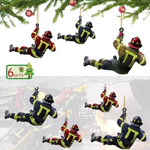 6 Pcs Feuerwehrmann Weihnachten Deko, Feuerwehrmann Weihnachtsbaumschmuck, Feuerwehrmann Hängende Ornamente, Feuerwehrmann Acryl Ornamente, für Wandfenster, Bäume, Auto-Rückspiegelzubehör