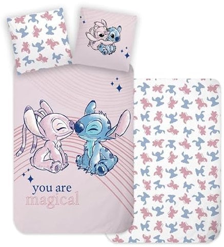 Brandmac Parure de Lit Stitch & Angel pour Lit Bébé ou Junior, 100% Coton et Réversible, Housse de Couette 100x135 cm et Taie d'oreiller 40x60 cm