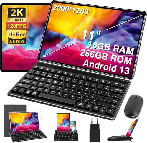 GOODTEL 2025 Tablet táctil de 11 pulgadas, Android 13 16GB RAM + 256GB ROM+TF 1TB, 2K Pantalla 2000 x 1200, Octa-Core, 8600mAh, GPS, WiFi 5G, Bluetooth 5.0, 13MP+5MP, cuerpo de metal, con caso, gris