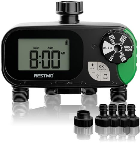 Restmo Wasserzeitschaltuhr, programmierbare Bewässerungscomputer, funktioniert für Gartenschlauch, 3 Bewässerungsmodi, Zeitschaltuhr für Außenwasserhahn, Rasen-Bewässerungssystem, 4 Zonen
