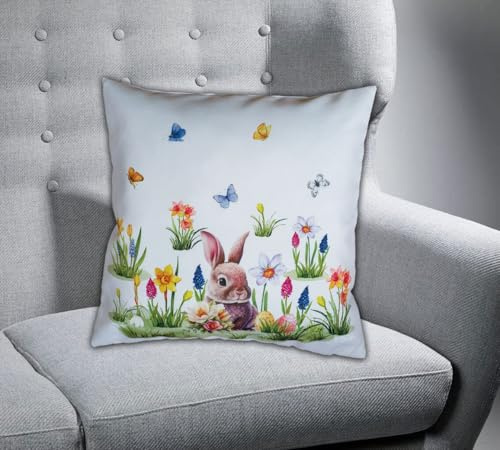 texpot Kissenhülle 40 x 40 cm mit Druck Hase auf Blumenwiese Ostern Frühling Dekokissen