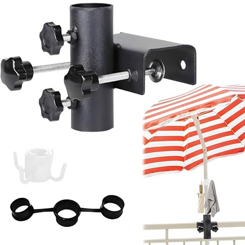 Sonnenschirmhalter Balkongeländer mit Haken,Balkon Schirmhalterung schwarz,Sonnenschirm Halterung Einstellbar,Sonnenschirm Halterung Balkongeländer Ø23-38mm, für Garten Terrasse Balkon Geländer