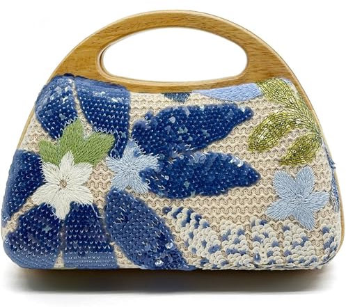 Bolsas de paja de 1 por ciento para mujeres de paja de 9x7 pulgadas con patrón de lentejuelas aleatorias en azul de moda y bolso de moda con mango de madera y correa de cadena para el verano.