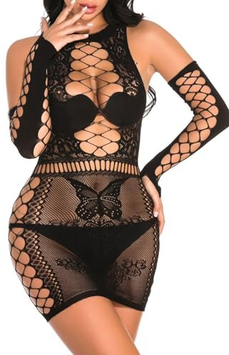Mujer Lencería Sensual Malla Excavar Mini Vestido Sexy Babydoll de Pesca Corsé Ropa Interior Femenina Trajes Sexy Bodysuit de Red con Guantes Bodystocking Babydoll